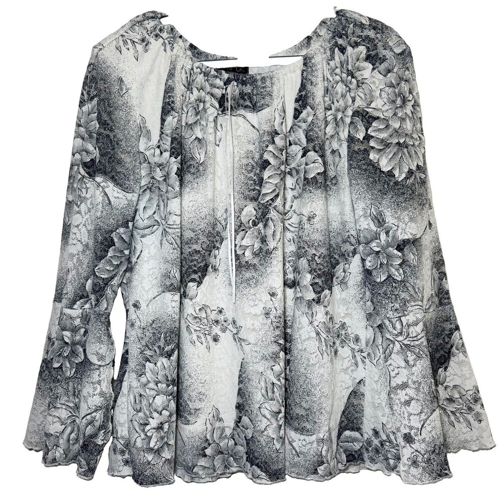 Jaipur Women 1X Floral Bell Sleeve Peasant Blouse Gray White Stretch Made USA